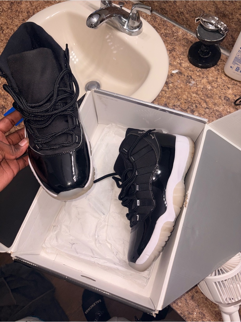 Jordan Men's Black and White Patent Leather Retro Sneakers